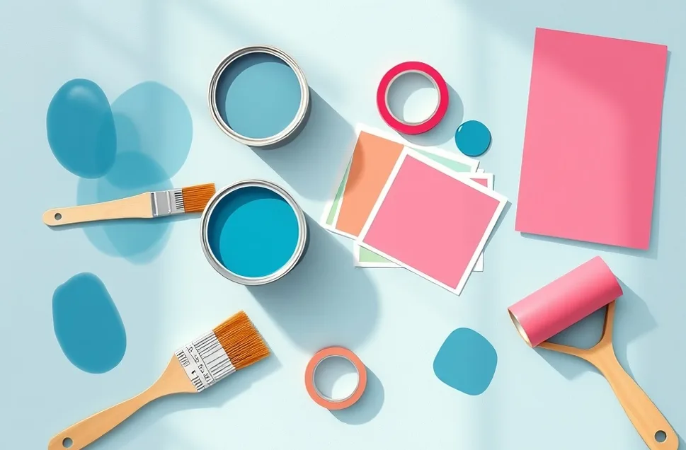 Pots de peinture, nuancier, brosses et rouleaux disposés à plat