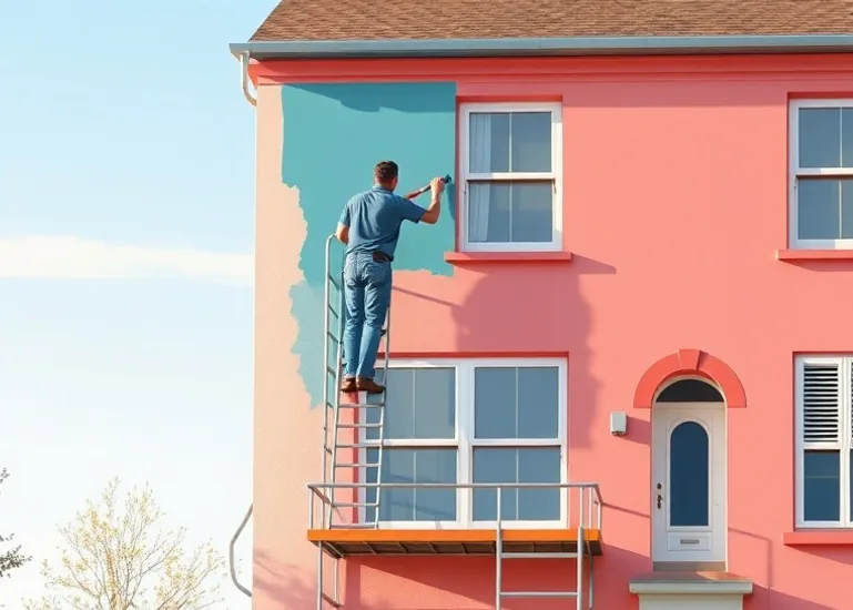Peintre sur échafaudage traitant la façade d'une maison